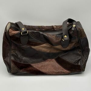 VTG‎ Patchwork Leopard Genuine Leather Shoulder Bag Brown Multi Tone Grannycore